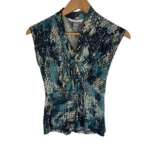 Diane von Furstenberg Silk Blend Snakeskin Peplum Tie Neck Blouse Teal Navy P